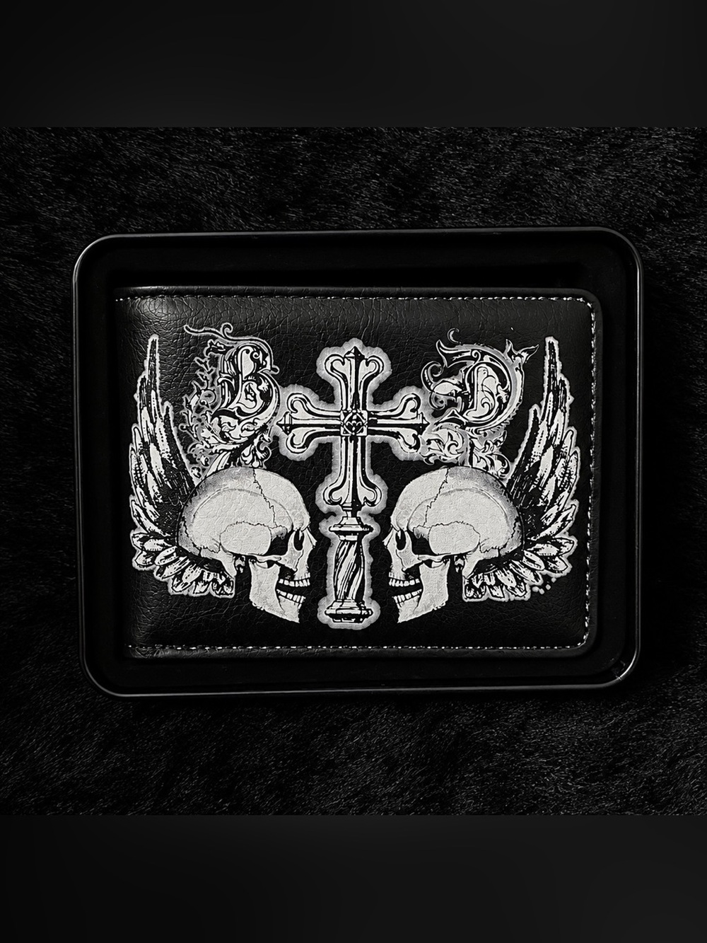 Buckle-Down Skull & Cross Winged Gothic Black Bifold Wallet with Metal Tin